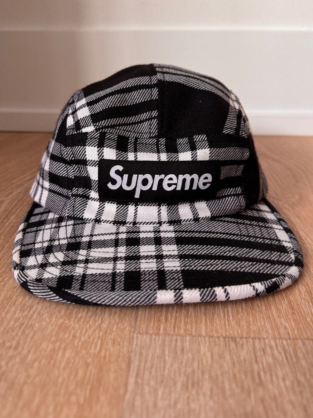 Supreme Black & White Plaid Camp Cap with Box Logo